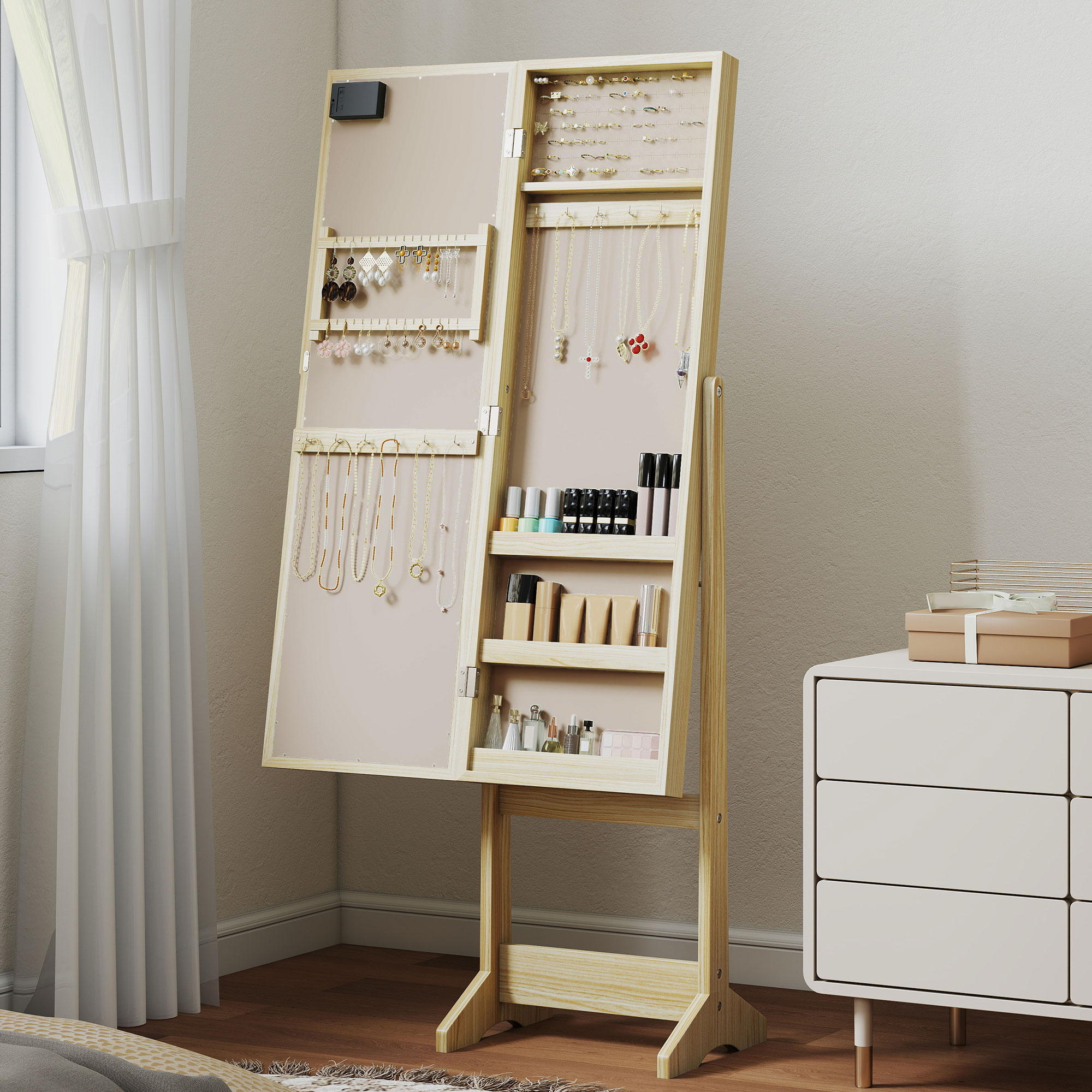 Homcom Armadietto Portagioie con Specchio Regolabile e Luci LED, 36x30x136 cm, Color Legno   Aosom Italy