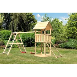 Akubi Kinderspielturm Lotti inkl. Doppelschaukel, Klettergerüst und Netzrampe naturbelassen