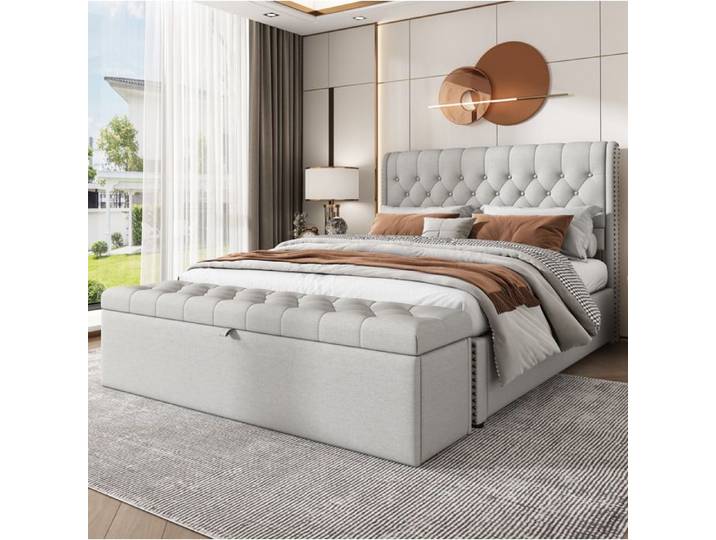 Banc de rangement rembourré avec espace de rangement pour chambre en lin gris clair 141 × 41 5 × 42 cm