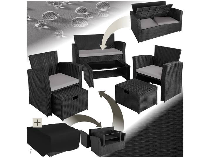 Salon de jardin Modena 3+2+1 avec housse de protection - noir/gris