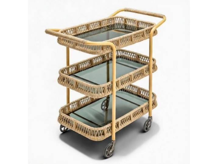 JVmoebel Servierwagen Servierwagen Gelb Moderner Stil Glasboden Rattangeflecht Räder Neu