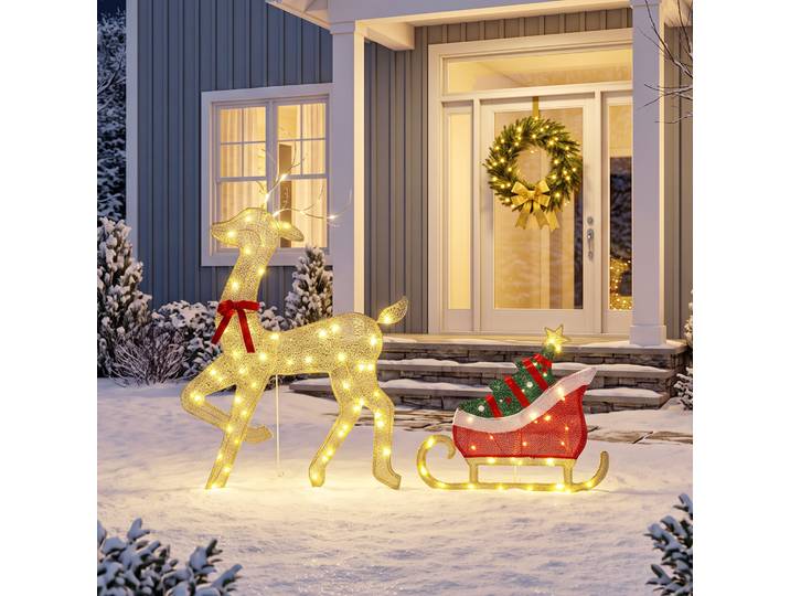 Outsunny Renne Noël Lumineux Traîneau 95 LED 8 Modes Minuterie Or