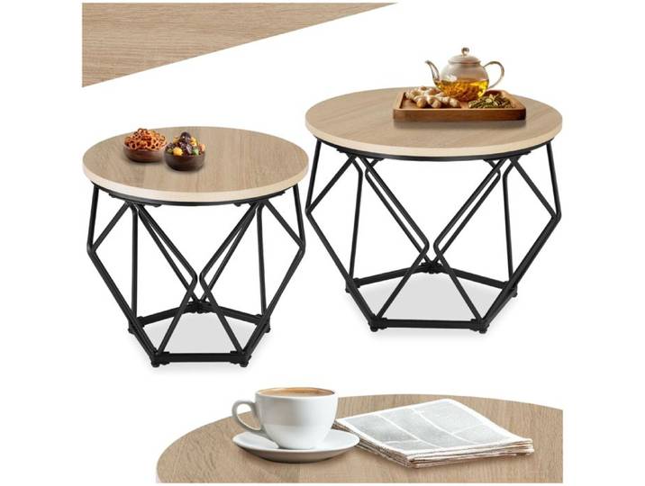 Table basse - TECTAKE - Lot de 2 tables rondes BENHAM en bois et acier en forme de diamant style industriel - Bois clair