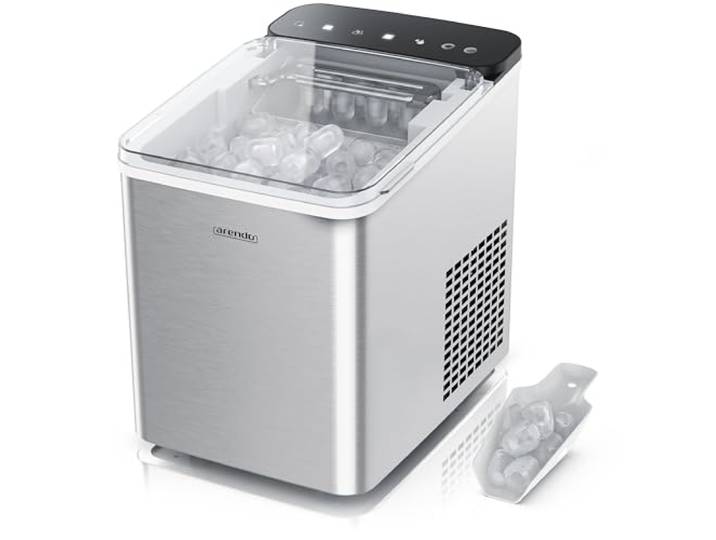 Arendo – Eiswürfelmaschine Edelstahl – Ice Cube Maker – 150 W – 12 kg Eis pro Tag – Automatische Abschaltfunktion – Warnfunktion – kleine Eiswürfel oder große Eiswürfel – leiser Betrieb