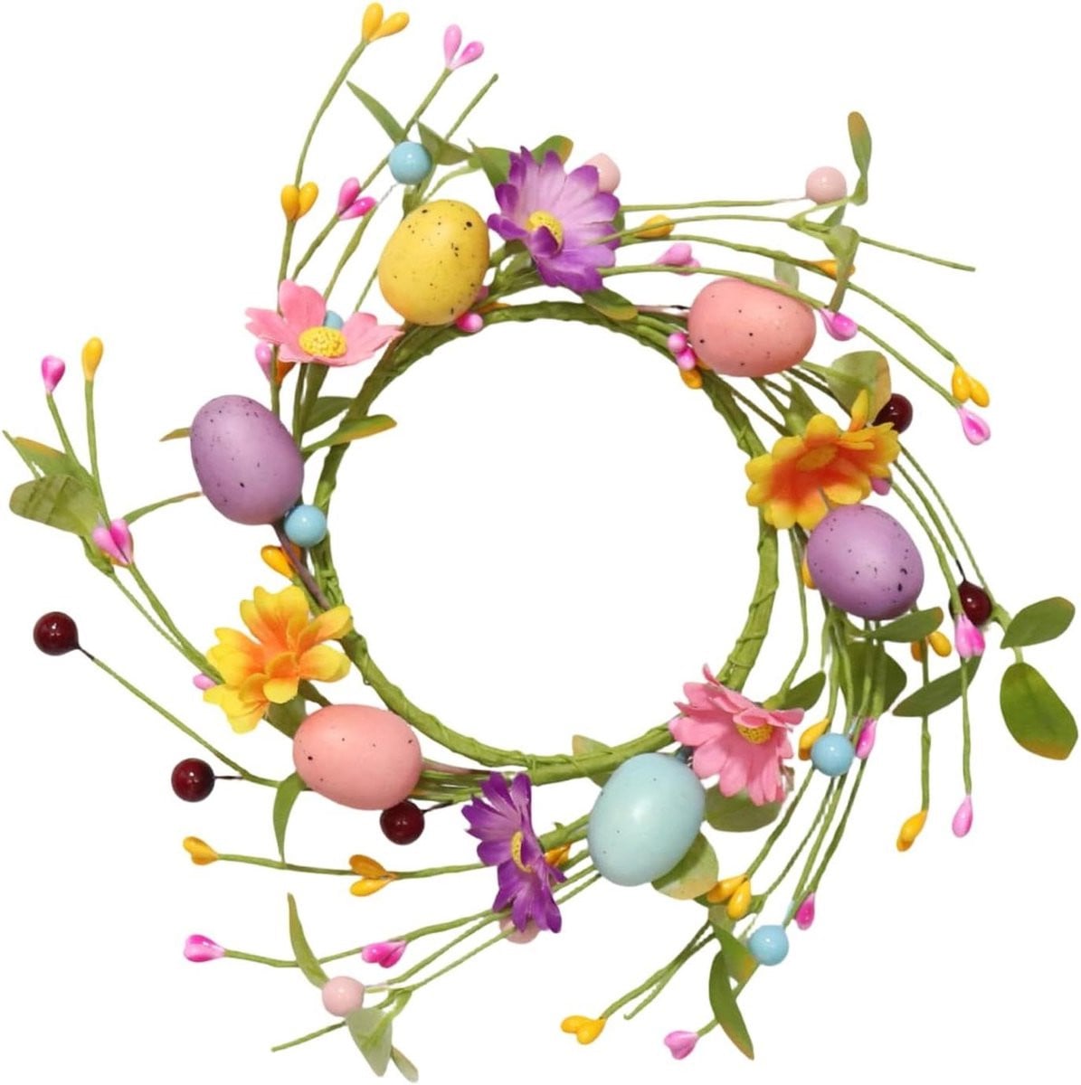 Kleurrijke Paasei Krans met Levensechte Bloemen voor Voorjaarsdecoratie, Diameter: 27 cm