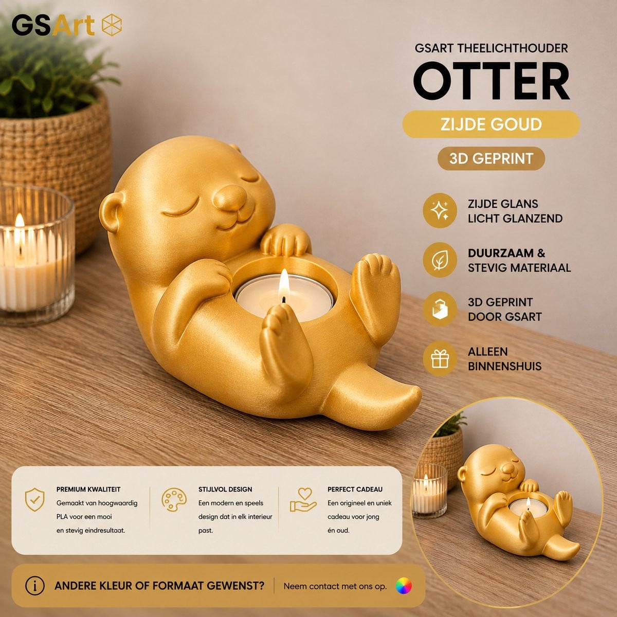 GSArt Theelichthouder Otter met LED theelichtje - Decoratieve Otter - Zijde Goud
