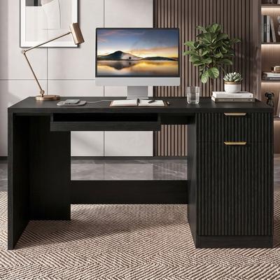 "BOSSIN 55"" Wood Computer Desk with Drawers & Cabinet, with Storage Cabinet for Home Office, with Pull Out Keyboard Tray"