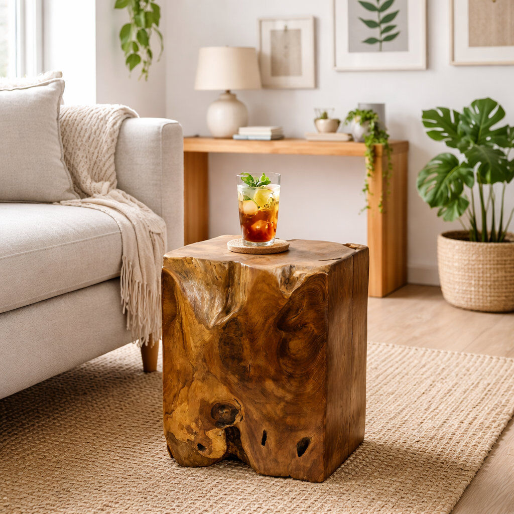 Alpen Home Natural Solid Wood Accent Stool Natural Teak Rustic Side Stool Handcrafted Coffee Stool For Home Brown 43cm H X 30cm W X 30cm D