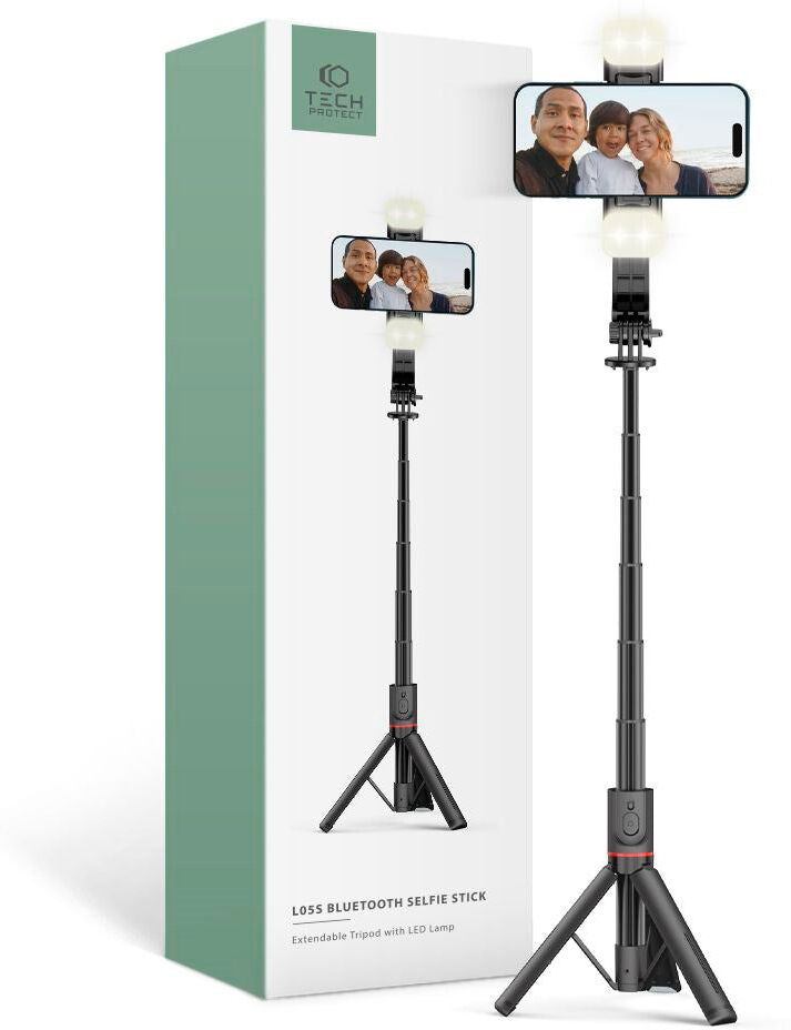 L05S Tech-Protect Selfiestang m. Tripod & Led Lys - Bluetooth - Sort