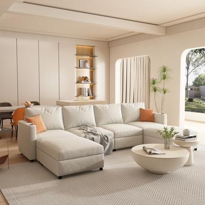 Modern U-Shape 6-Seater Sectional Sofa Bed with Storage Ottomans, Chenille Fabric