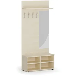 Garderobenwand HORIZONT, Schuhregal + Spiegel, 4 Haken, Ablage, Holzstruktur horizontal, Birke
