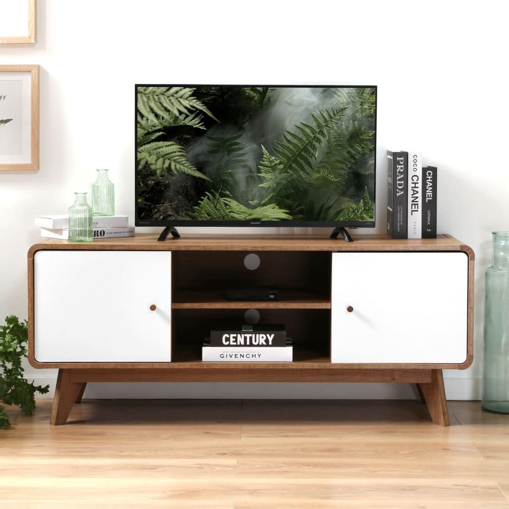 Calicosy Meuble tv 2 portes décor bois et blanc - l128,5 cm Marron 129x53x39cm