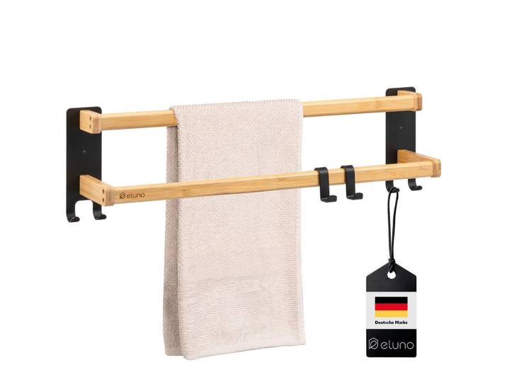 eluno Handtuchhalter, Metall schwarz mit Bambus, Schwarz, Holz, 64.5x18x12 cm, Badezimmer, Badezimmerausstattung, Handtuchhalter