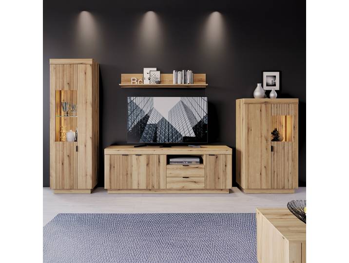 Beleuchtete Wohnwand 4-teilig Spanplatte, beschichtet Braun 329cm