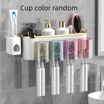 Discount Dollar Deals Multifunctional Toothbrush Rack And Mug Holder, Wall Mounted Toothpaste Storage With Toothpaste Squeezer four With Squeezer
