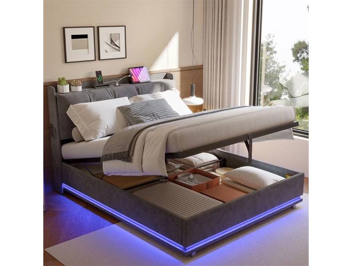 Lit 140x200cm - Lit coffre 140x200cm - Lit rembourré velours tête de lit LED USB et sommier relevable avec rangement - Gris