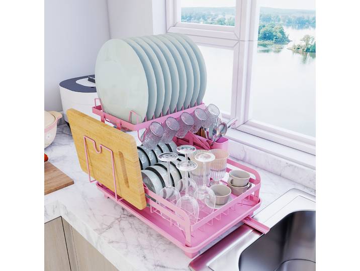 Égouttoir à vaisselle à 2 niveaux, égouttoir à vaisselle pour comptoir de cuisine, appareil de cuisine rose, installation sans perçage, avec système de drainage automatique