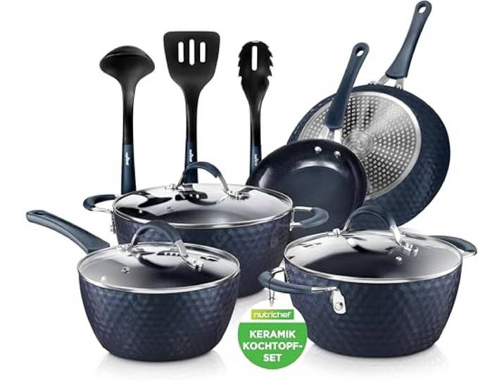 NutriChef Pfannenset & Topfset 11-teilig Antihaftbeschichtet – Kochtopf Set mit Durchsichtigen Deckeln & Keramikschicht – Töpfe Set für Gas, Elektro & Induktionsherd – Töpfe & Pfannen PFOA/PFOS-frei