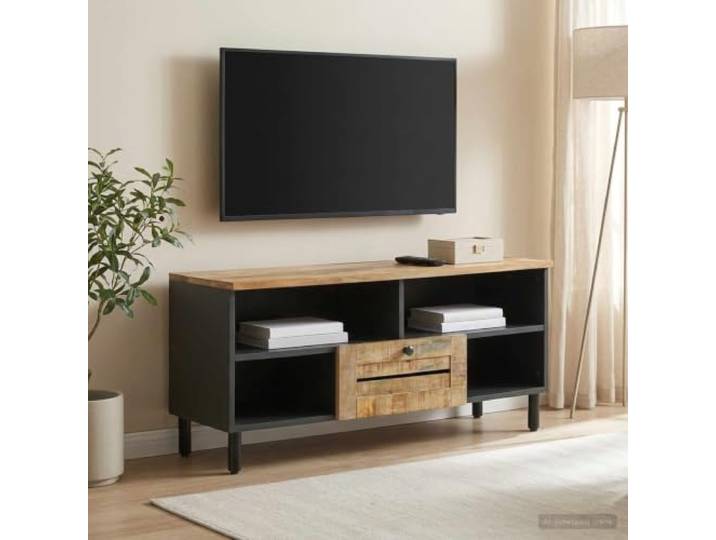 WXGTBKPR Medienspeicher-Schrank Mangoholz, 100x33x46 cm, TV-Kommode Braun Massivholz-Konstruktion, Minimalistisches Design, Mit Messingknöpfen