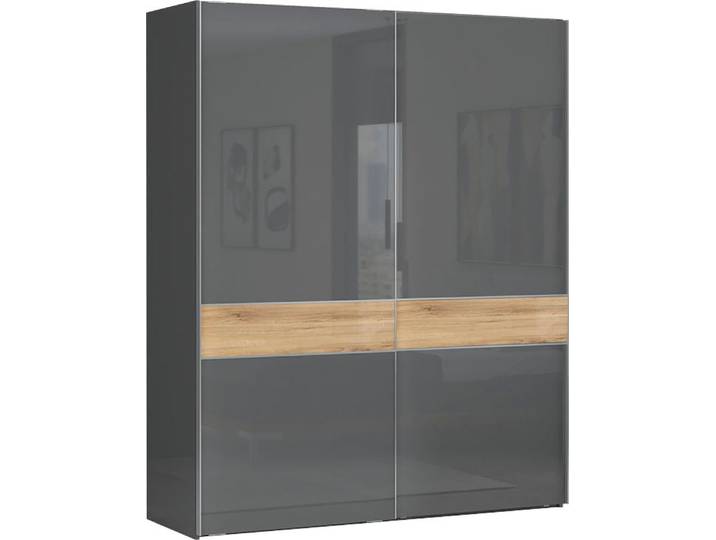 Kleiderschrank OTTO HOME Onyx, Schwebetürenschrank inklusive Innenleben, FSC-zertifiziert , grau (anthrazit, walnussfarben), B:182cm H:224cm T:61cm, Holzwerkstoff, Schränke, Kleiderschrank, UV lackiert, hochglänzend anthrazit, mit Soft-Close Funktion