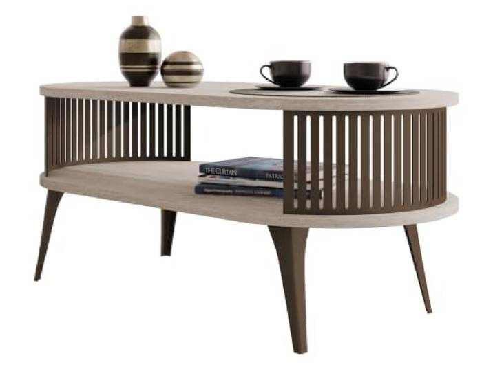 Mirjan24 Couchtisch Rajkon, ovale Form (Travertin, Braun) Moderner Wohnzimmertisch mit praktischer Ablage, pulverbeschichtetem Stahlgestell und pflegeleichter Oberfläche