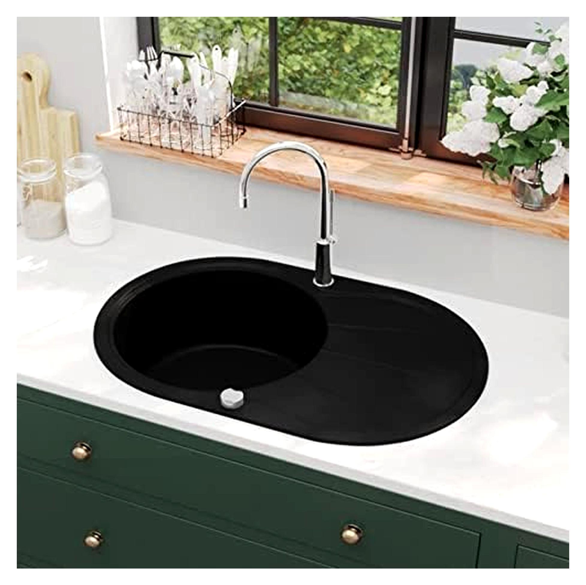 Einzelbecken aus Granit, Küchenspüle in ovaler Form, Schwarz