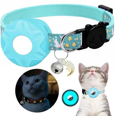 Inspired Finds Glow in the Dark AirTag Cat Collar With Moon Charm & Breakaway Safety Buckle blue