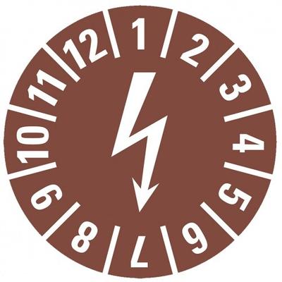 König Werbeanlagen Dreifke® Aufkleber I Prüfplakette mit Blitzpfeil, braun, Dokumentenfolie, selbstklebend, Ø15mm, 60/Bogen