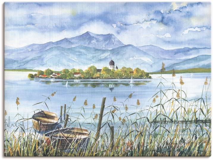 Leinwandbild ARTLAND Seeblick Herreninsel , blau (farbe bild(er): blau), B:40cm H:30cm, Bilder, Leinwandbild, auf Holzrahmen gespannt