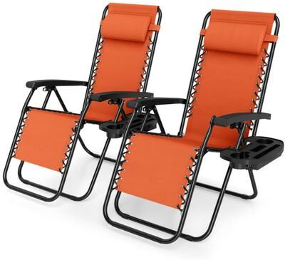 Costway Portable Zero Gravity Chairs with Cup Holder Trays and Backrest Set of 2-Orange