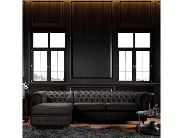 Ecksofa mit Ottomane Schwarz Microfaser Valeria 284 x 75 x 182cm Ottomane davorstehend links Keine Funktion Glamour
