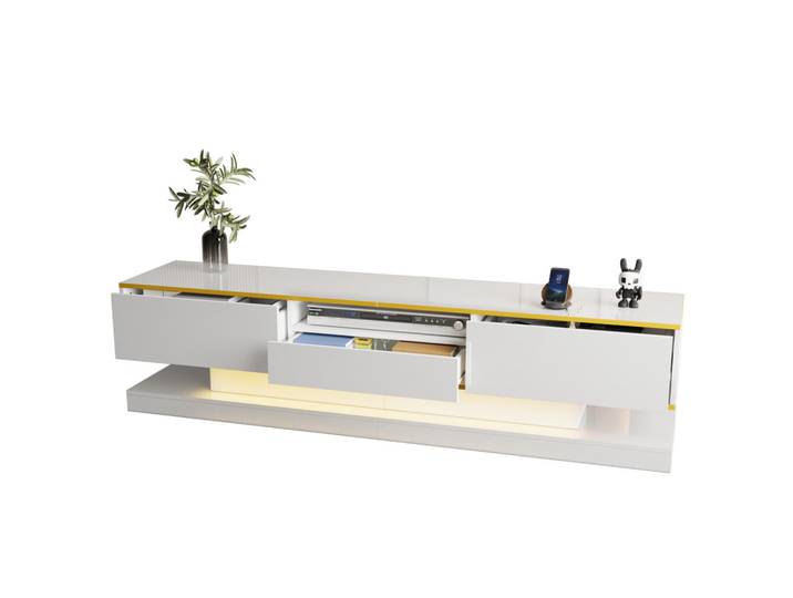 Modfu Tv-Schrank aus Holzwerkstoff 180x38x45 cm Weiß mit goldfarbenen Details, LED-Beleuchtung und 3 Schubladen, 180x45x38 cm, Wohnzimmer, TV Möbel, Lowboards, Lowboards stehend