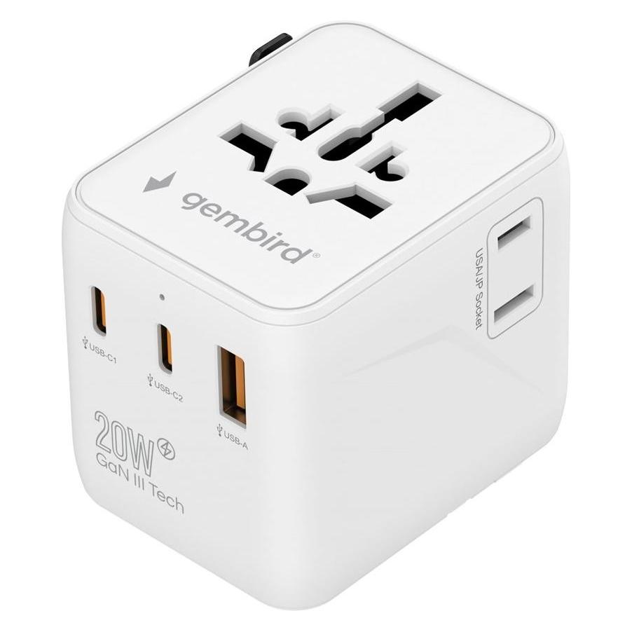 Gembird Adapter TPA-1A2C20-01-W Universal travel power adapter, 20 W, white | (TPA-1A2C20-01-W)