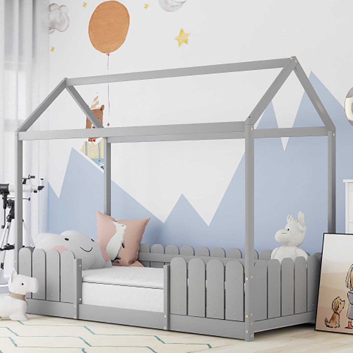 Sweiko Huisbed voor kinderen, multifunctioneel houten kinderbed met valbescherming en noedelsbedframe, Grijs, 90 x 200 cm