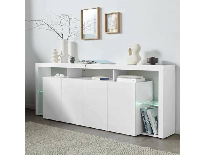Dmora - Kommode Wilmer, 4-türiges Wohnzimmer-Buffet, Wohnzimmer-Kommode, modernes Kommode, 100% Made in Italy, 220 x 40 x 80 cm, glänzendes Weiß