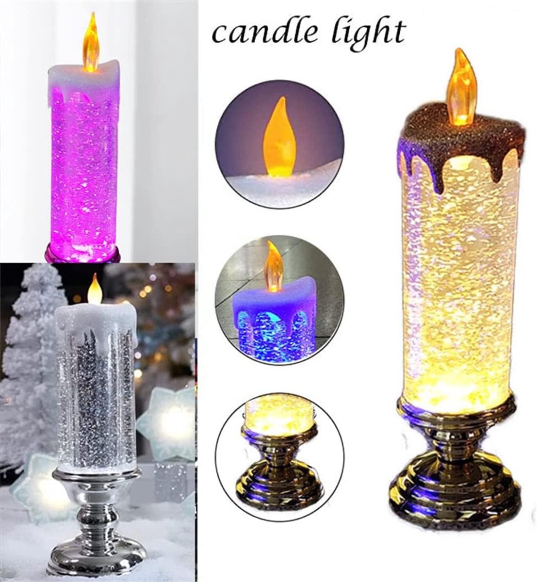 USB Oplaadbare Kerst LED-kaars met Swirling Glitter en Kleurveranderende Vlam, Paars