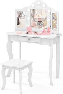 Costway Kid Vanity Table Stool Set with Tri-Folding Mirror and 3-Color LED Lights-White