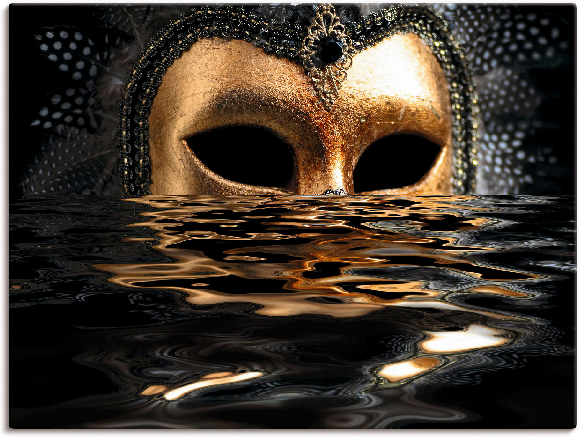 Leinwandbild ARTLAND "Venezianische Maske mit Blattgold", gold (farbe bild(er): goldfarben), B:120cm H:90cm, Bilder, Leinwandbild, auf Holzrahmen gespannt farbe bild(er): goldfarben B/H/T: 120cm x 90cm, Leinwandbild Karneval Querformat, 1 Stk.