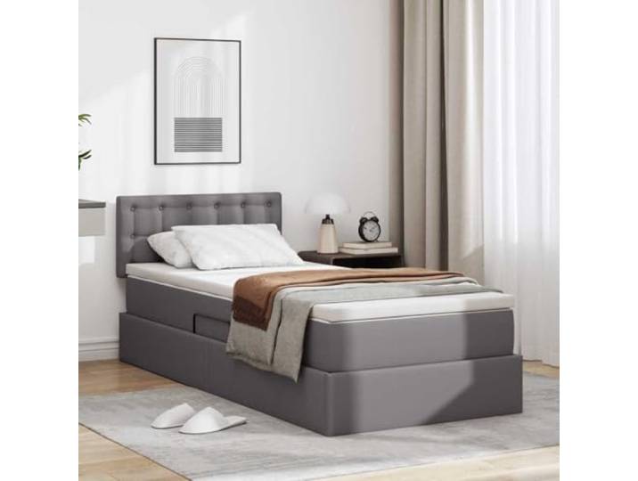 YUTAASU Kunstlederbett mit Stauraum und LED Grau 90 x 190 cm Mit Matratze, Hydraulikmechanismus, RGB-Beleuchtung, USB-betrieben, Montage erforderlich