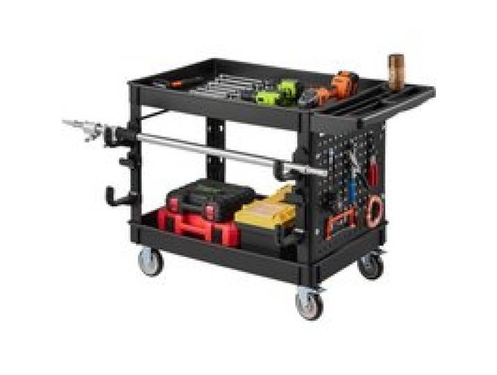 VEVOR Servicewagen Werkstattwagen Werkzeugwagen PP 1140x610x840mm Schwarz, Rollwagen mit 250kg Tragkraft, Inkl. 2 Ebene 4 Rollen Pegboard Haken Handgriff mit Ablagefach, Allzweckwagen für Werkstatt
