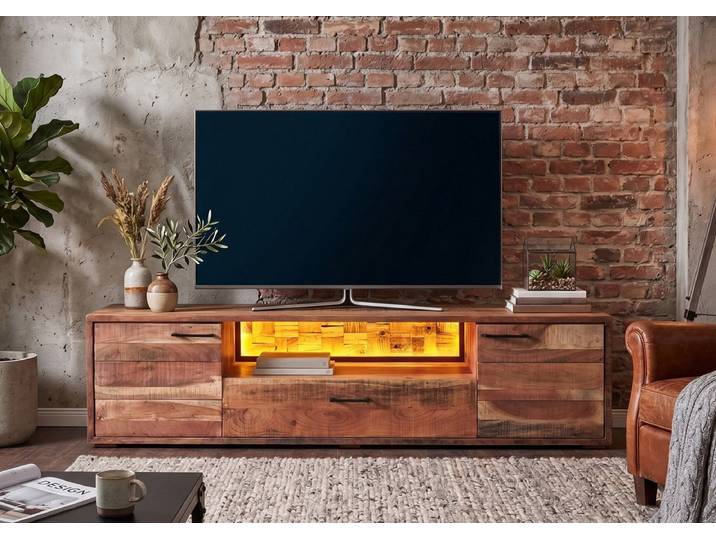 TV Board inkl. Beleuchtung 200x50cm 'Livorno'' Akazie massiv sägerau
