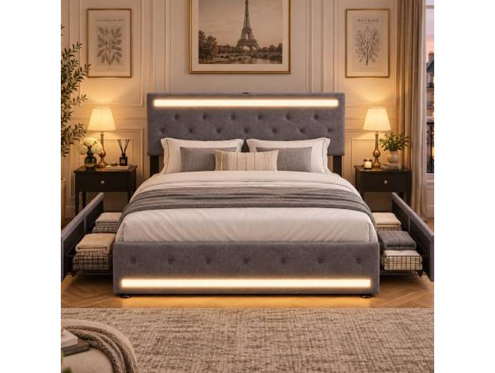 DULRLLY Polsterbett 160x200 mit Stauraum, Doppelbett 160x200 mit Schubladen, Polsterbett mit LED und USB-Ladefunktion,Stauraumbett Funktionsbett Bettgestell mit Stauraum Jugendbett mit Lattenrost