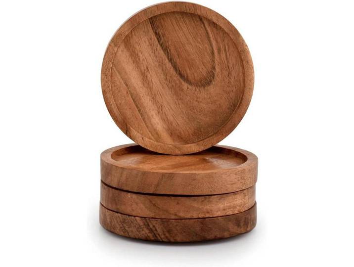 Untersetzer 4 Stück Akazienholz 10,2 x 10,2 cm, Braun, Holz, 10.2x10.2 cm, Gläser, Untersetzer