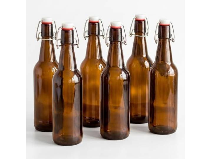 Relaxdays Bouteilles à remplir en verre\, lot de 6\, brun flacons hermétiques à levier\, pour huile\, alcool\, jus