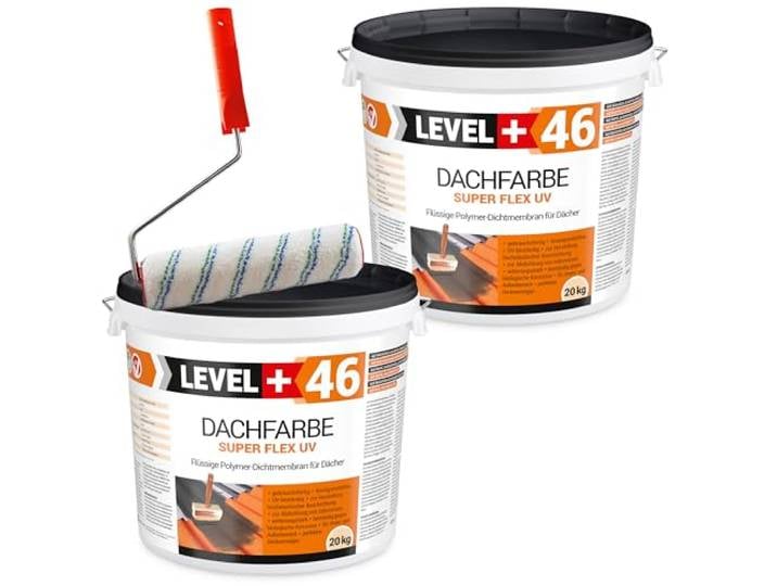 LEVEL PLUS Dachfarbe 40kg Anthrazit, Sockelfarbe, Dachlack, Dachsanierung Flexibler Polymermembran Wetterbeständig + Farbroller 25cm Mikrofaser mit Bügel Set RM46