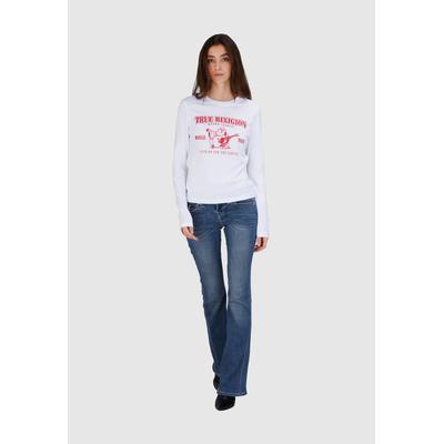 Bootcut-Jeans TRUE RELIGION "BECCA MR BOOTCUT FLAP", Damen, Gr. 29, N-Gr, arabella, Denim/Jeans, Obermaterial: 65% Baumwolle, 33% Polyester, 2% Elasthan, leichte Abriebeffekte, bootcut fit lang, Jeans, Baumwollmischung, bootcut fit