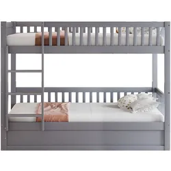 OKWISH Etagenbett 90×200 aus Massivholz mit hydraulischem Stauraum, robuster Rahmen, Sicherheitsleiter, Lattenrost, langlebig, praktisch, grau