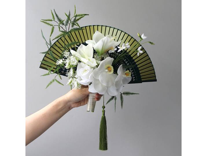 Rencontre nouveau Bouquet d'amour chinois ventilateur pliant groupe ventilateur mariée Cheongsam photographie de mariage Simulation Bouquet vert