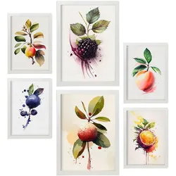 POSTER Set Mit 6 Beeren & Pfirsiche Plakate Von Obst Gemüse & Gesunden Lebensmitteln Im Aquarell Kunst Auf Reinweißen A3 & A4 Weißer Rahmen