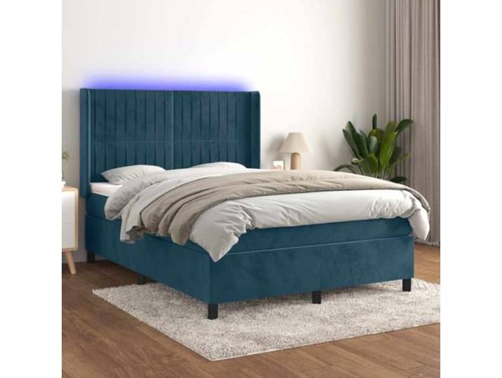 RJPLMFV Boxspringbett, Dunkelblau, 140 x 200 cm, mit Matratze und LED Weicher Samt, verstellbares Kopfteil, Taschenfedern, Matratzenschoner, USB, 5 V